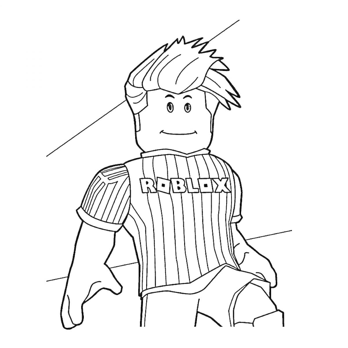 Раскраска Роблокс персонаж с прической, полосатой рубашкой и надписью 