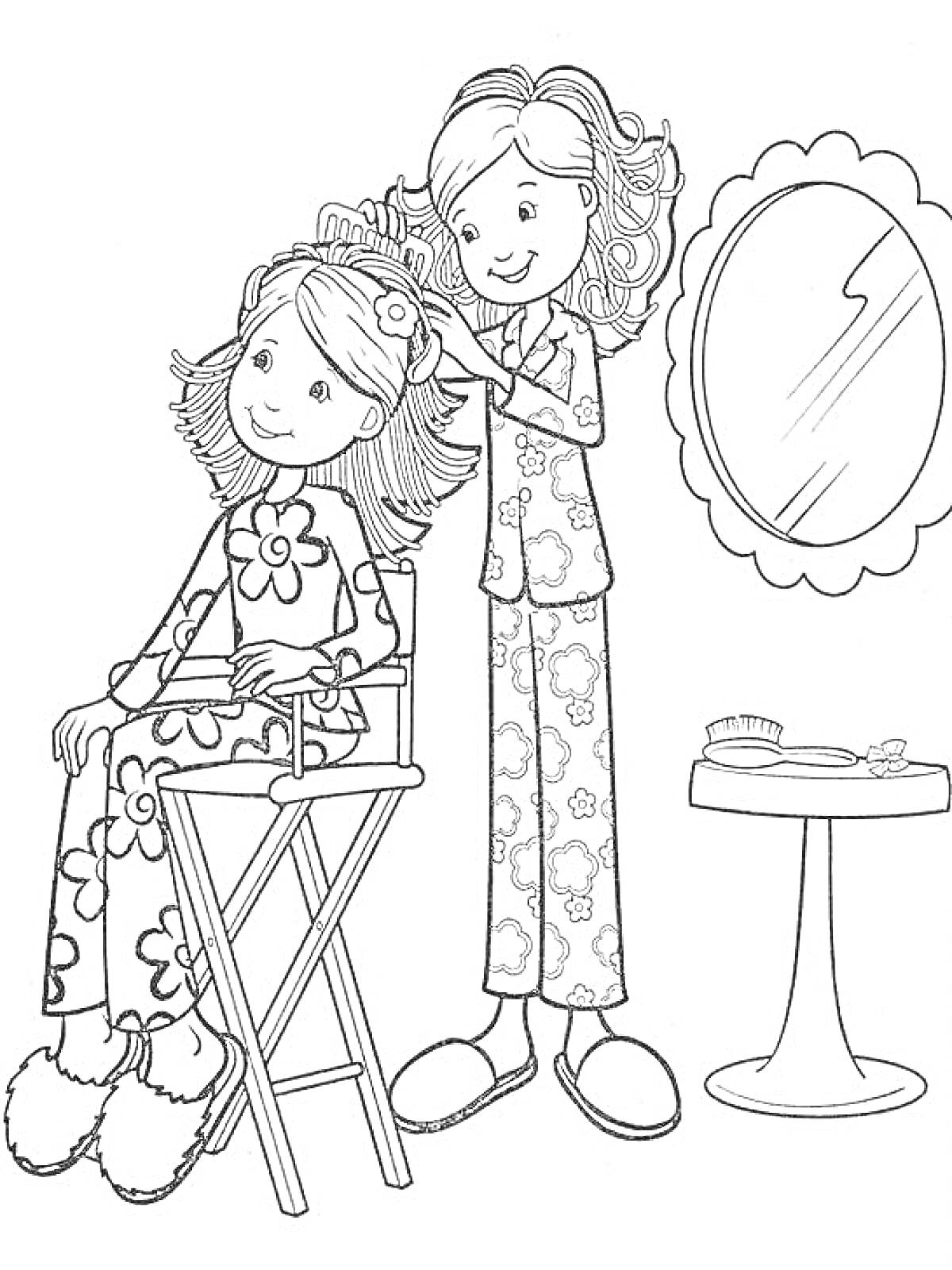 Раскраска Девочки в пижамах, одна делает прическу другой перед зеркалом