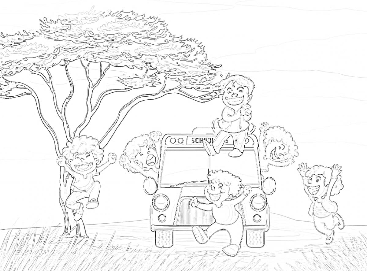 Раскраска Дети, играющие возле школьного автобуса под деревьями