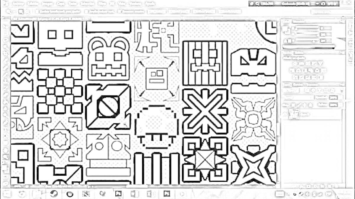 Раскраска раскраска со множеством персонажей и элементов из Geometry Dash, состоящая из различных геометрических узоров, выражений лиц и уникальных форм