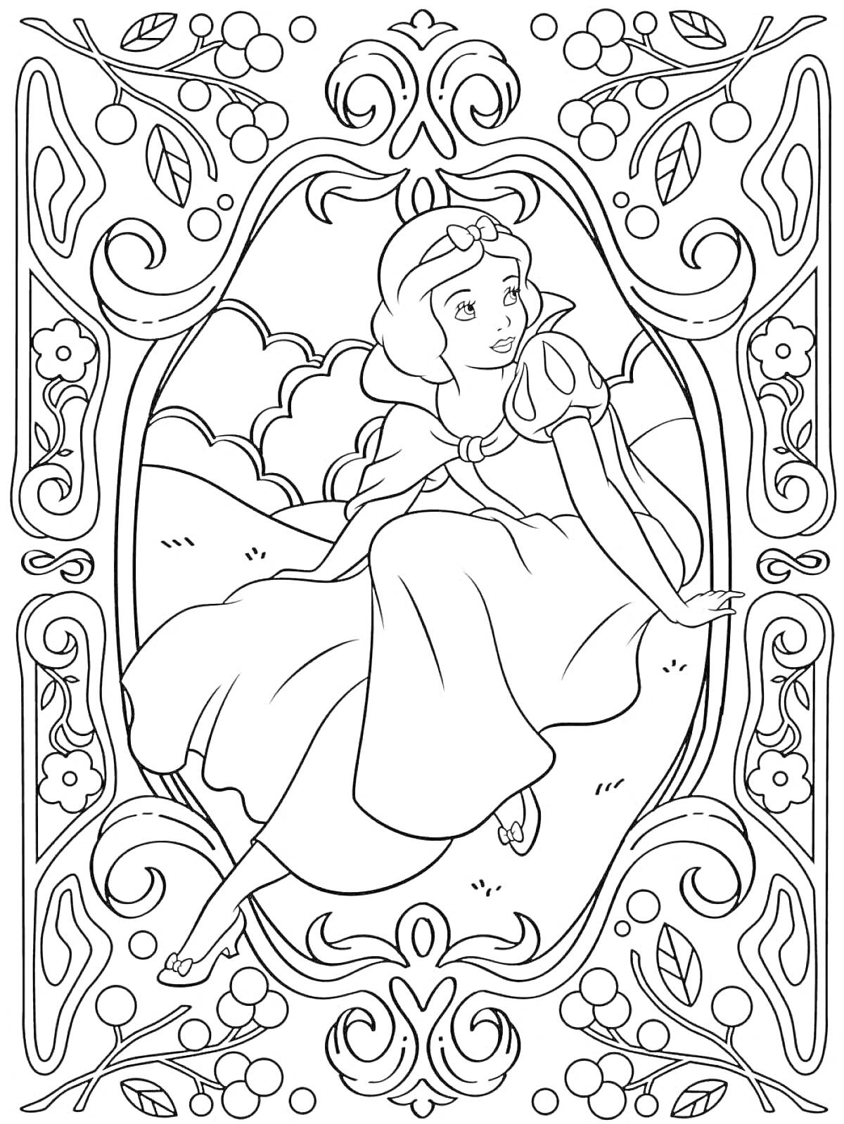 Раскраска принцесса в платье на фоне облаков с рамкой из вьющихся узоров, цветов и листьев