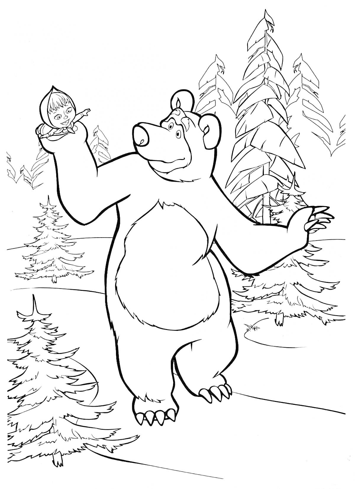 РаскраскаМаша и Медведь в зимнем лесу