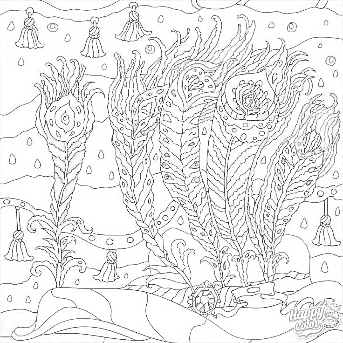 Раскраска Перья павлина в чернильнице на фоне абстрактного ночного неба с платьями в виде капелек