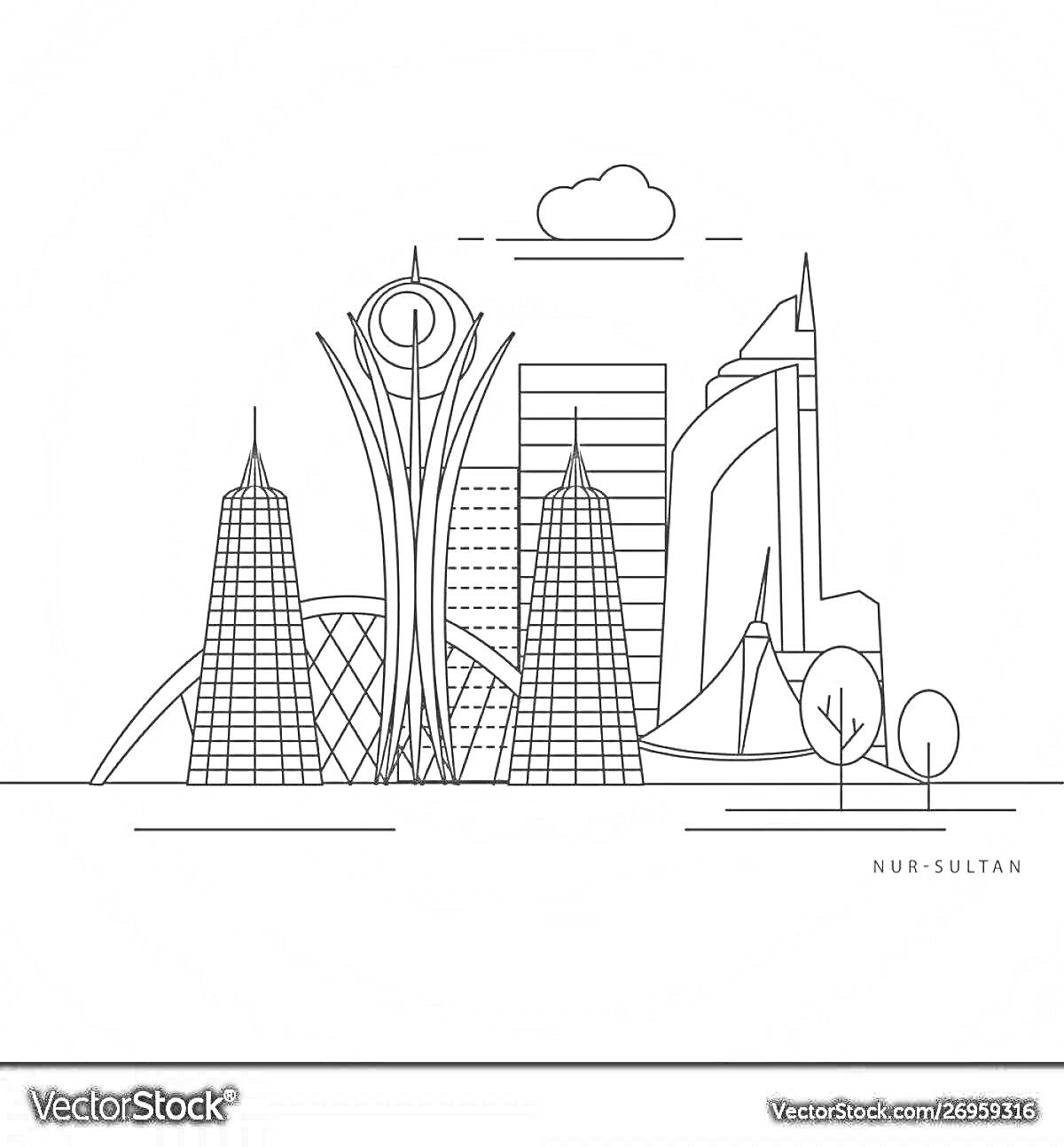 На раскраске изображено: Линия горизонта, Архитектура, Башни, Высотки, Небоскребы, Деревья, Казахстан