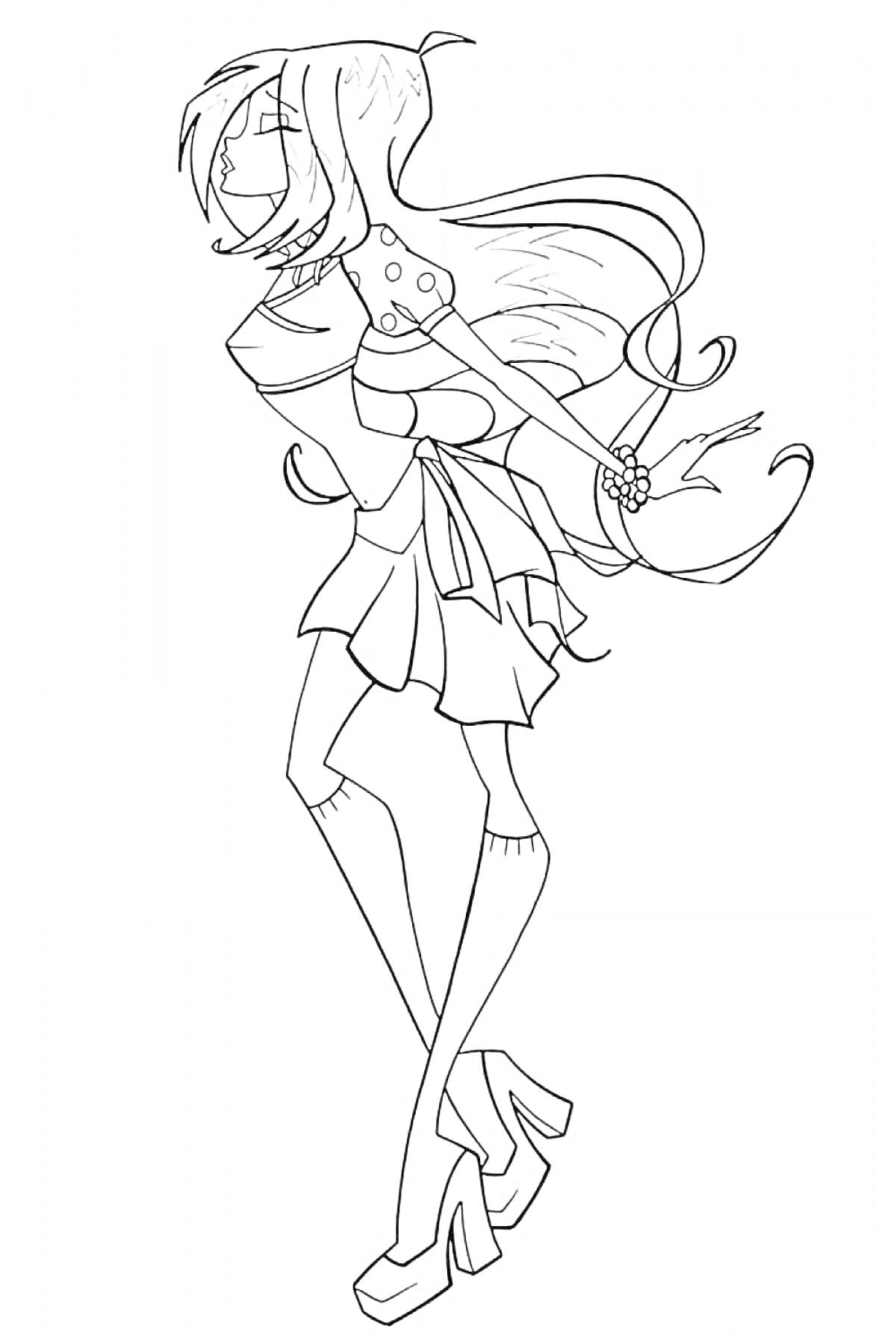 Раскраска Девушка-маг с длинными волосами, в платье и на высоких каблуках, с цветочными украшениями на руке