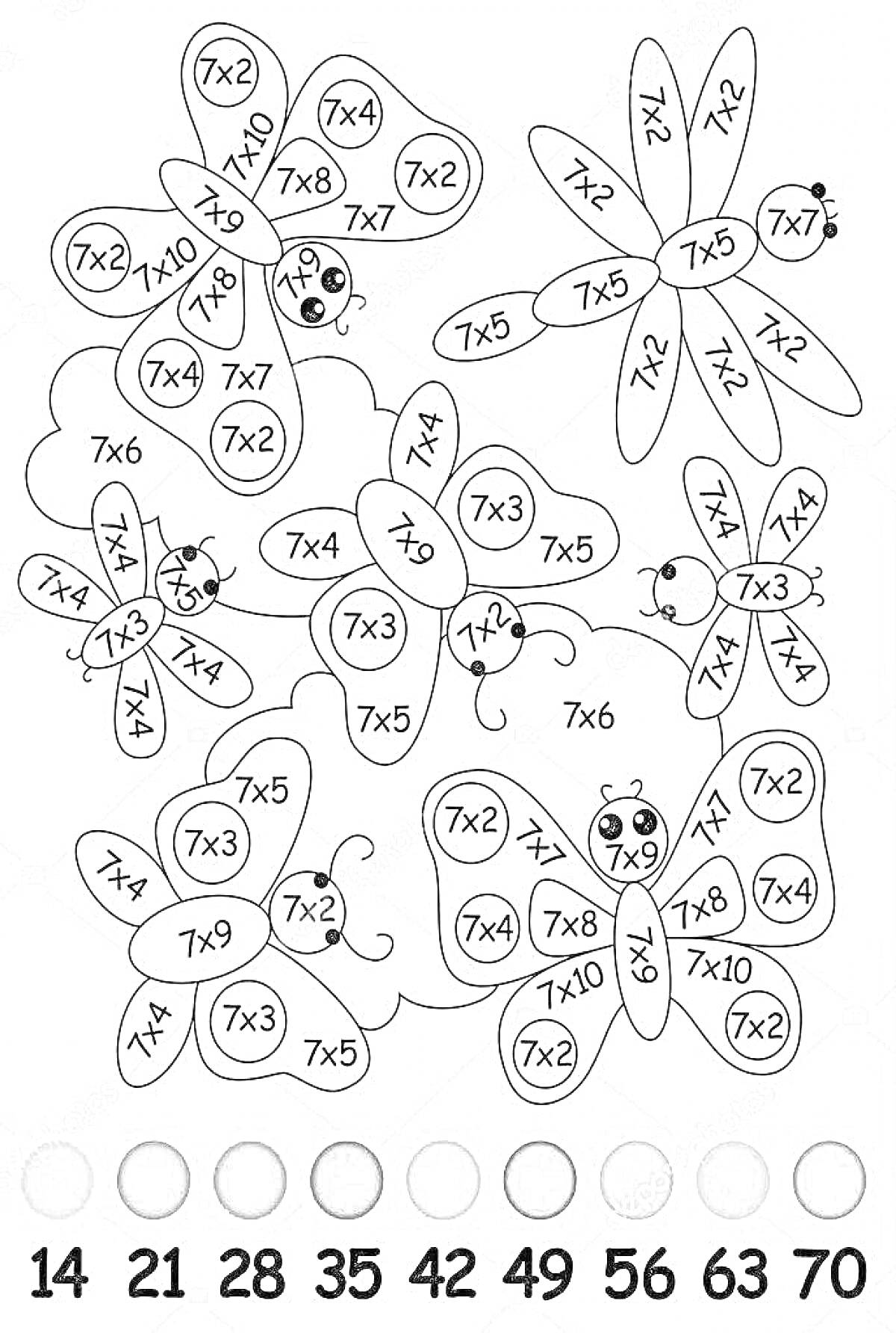 Раскраска Цветные бабочки с задачами на умножение на 7, цветная раскраска с числами