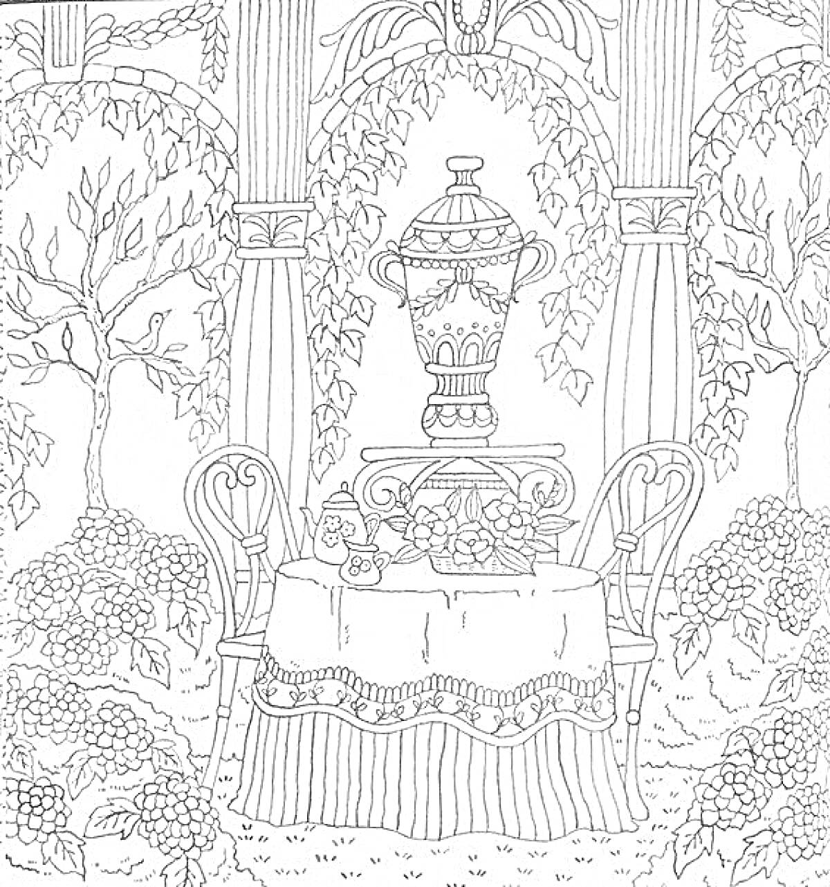 Раскраска Стол с цветами и плюшевым мишкой под аркой среди садовых кустов