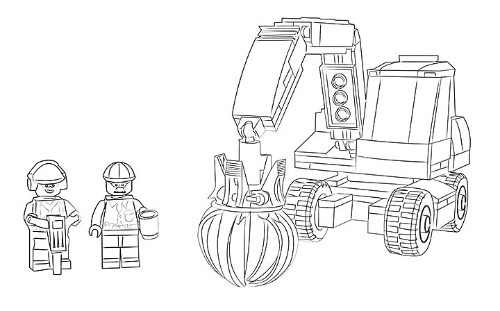 Раскраска Два рабочих LEGO и строительный экскаватор с клешней