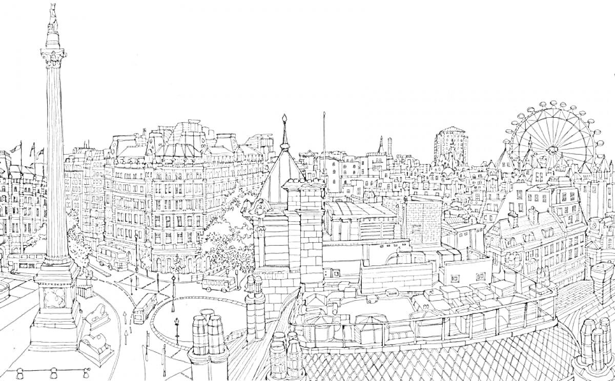 Раскраска Городская панорама с колесом обозрения и колонной