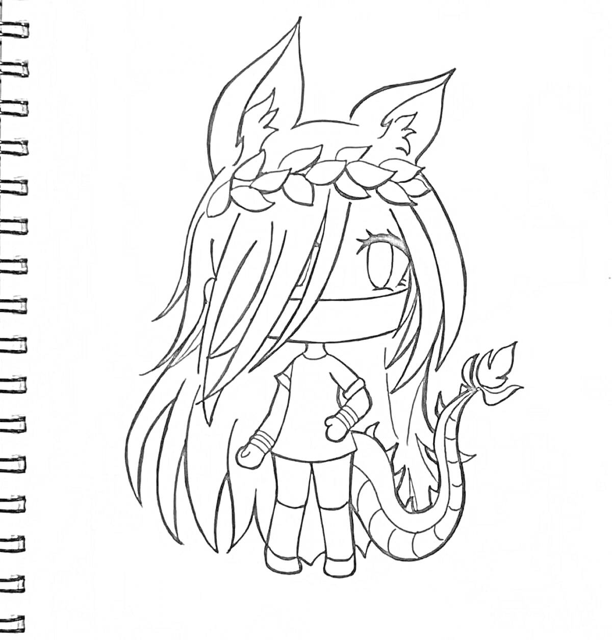 Раскраска Девочка-фэнтези с ушками, драконьим хвостом, длинными волосами и венком