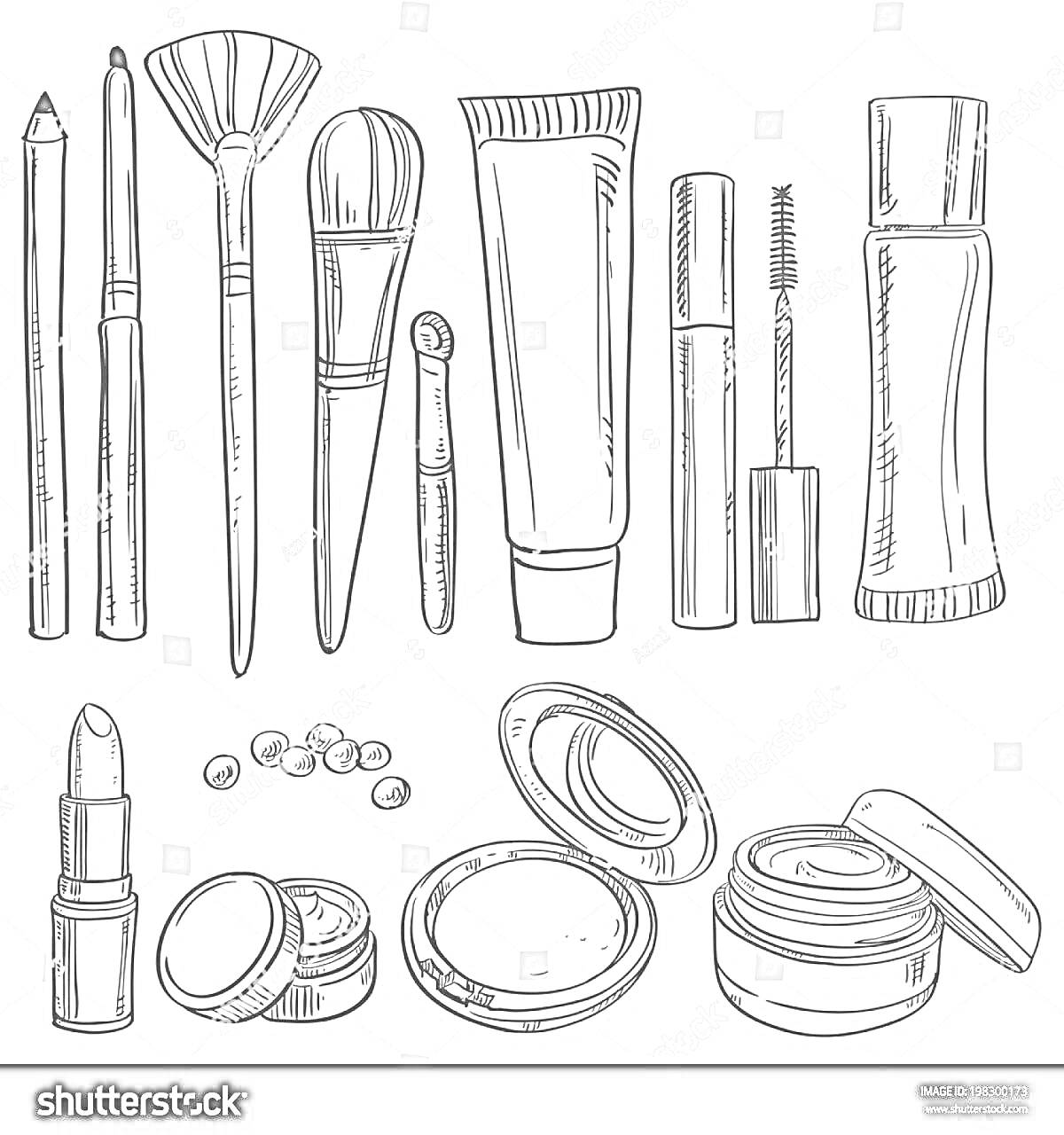 На раскраске изображено: Косметика, Макияж, Кисти, Губная помада, Пудра, Крем, Таблетки, Уход за кожей
