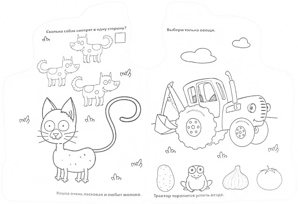 На раскраске изображено: Кот, Синий трактор, Прицеп, Сова, Лук, Тыква, Облака