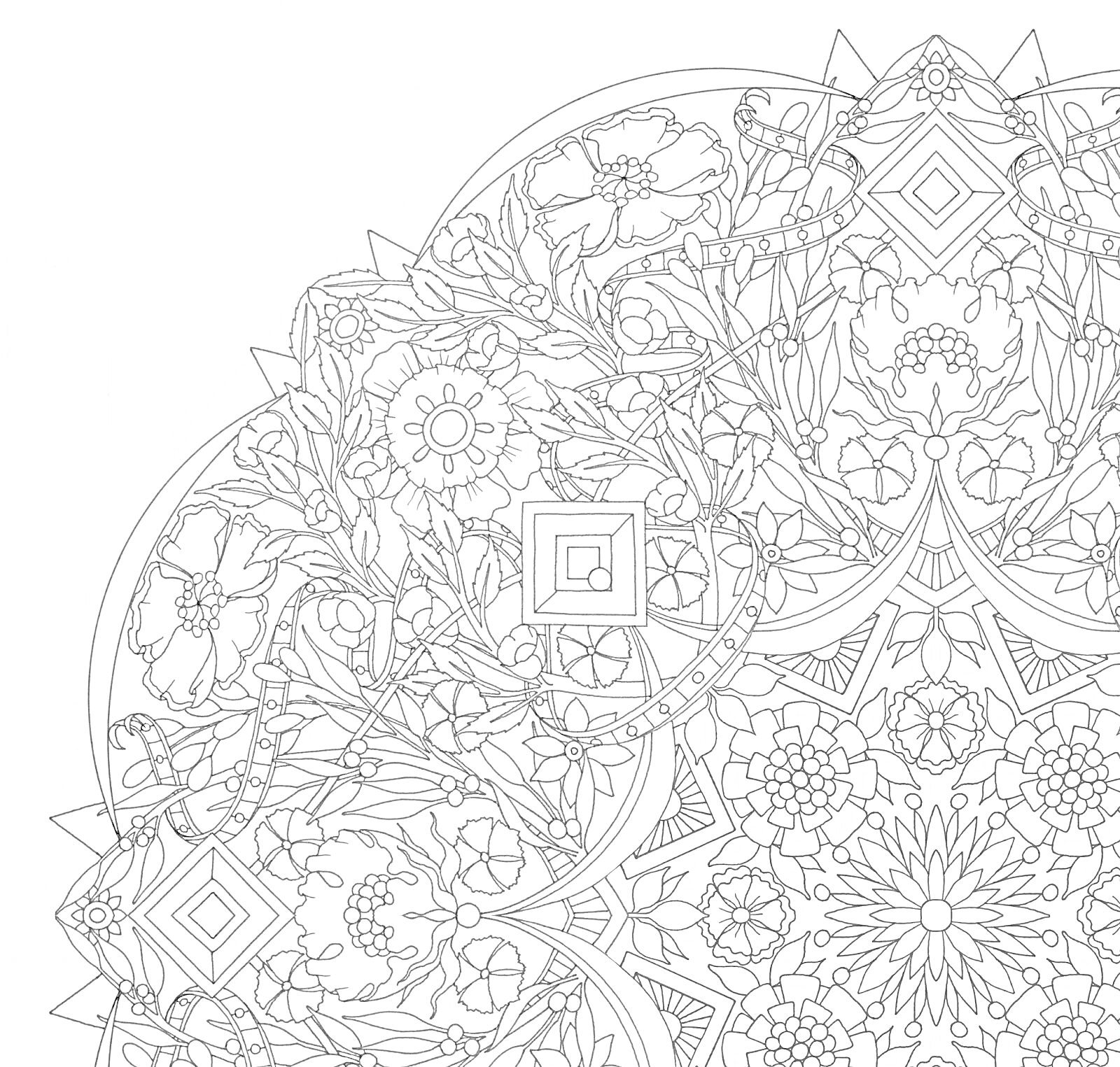 Раскраска Детализированный узор с цветами, геометрическими фигурами и сложными элементами