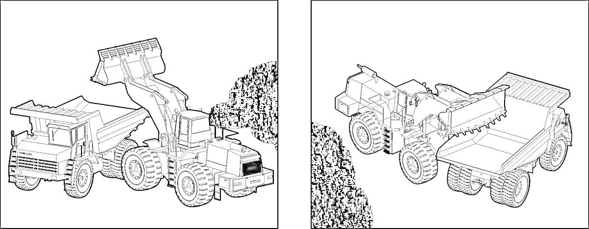 карьерный самосвал и экскаватор, карьерный самосвал с нагруженным кузовом