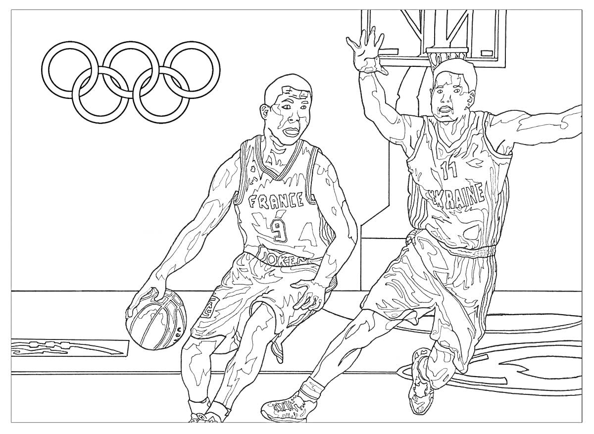 Баскетболисты на игровой площадке с символом Олимпийских игр