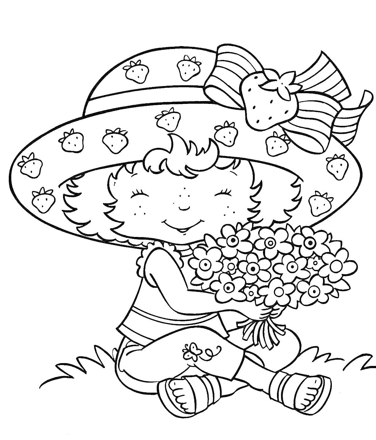 Раскраска Девочка в соломенной шляпе с рисунком клубники и большим бантом, в шортах с вышивкой, босиком, сидящая на траве с букетом цветов в руках