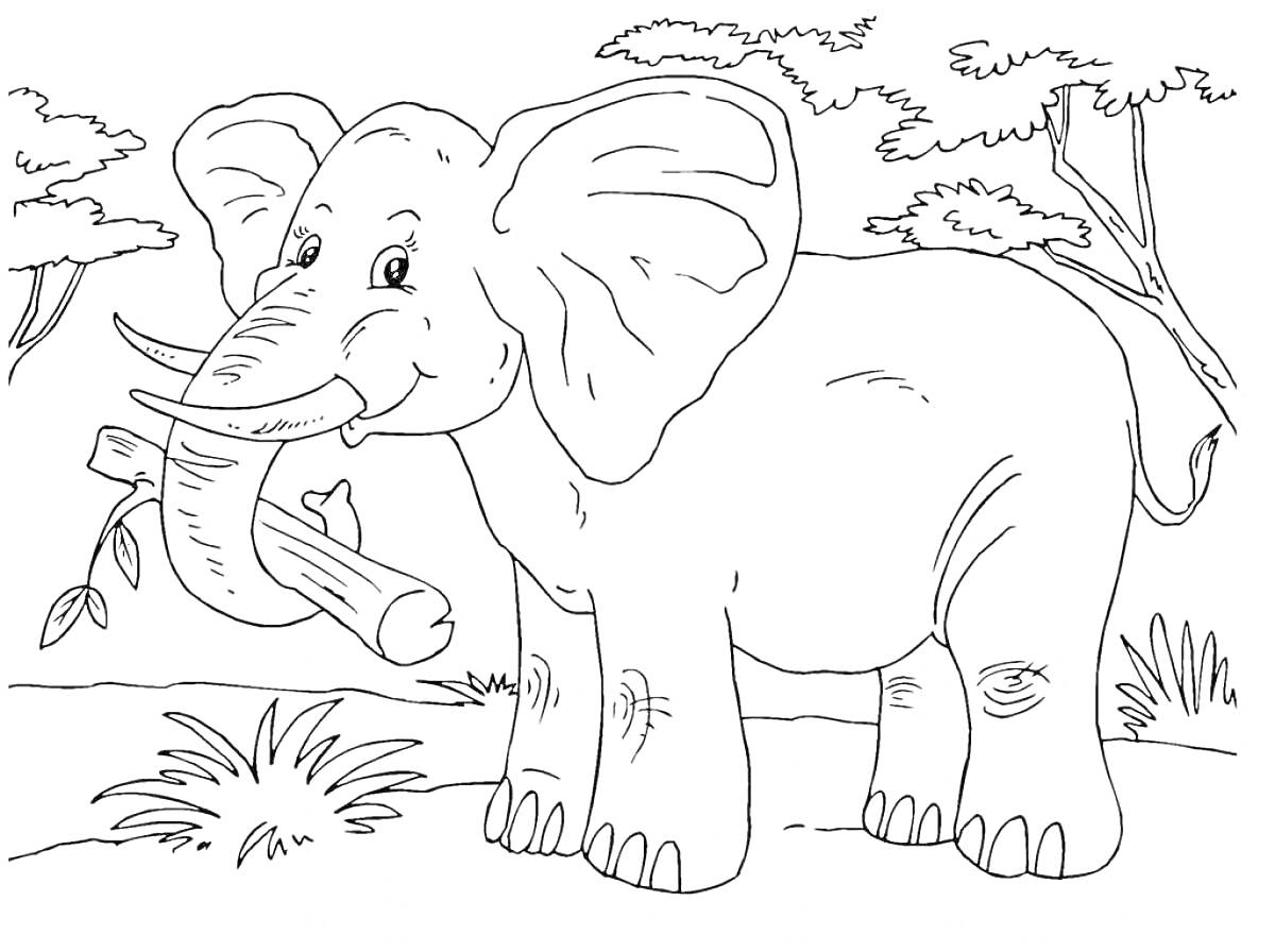 Раскраска Слон с веткой во рту на фоне деревьев и кустов