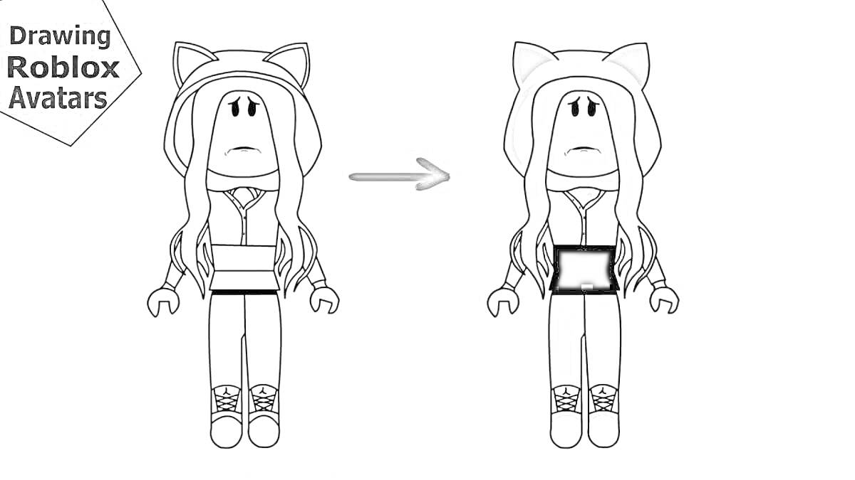 Раскраска Роблокс Аватар в капюшоне с кошачьими ушами, до и после раскрашивания