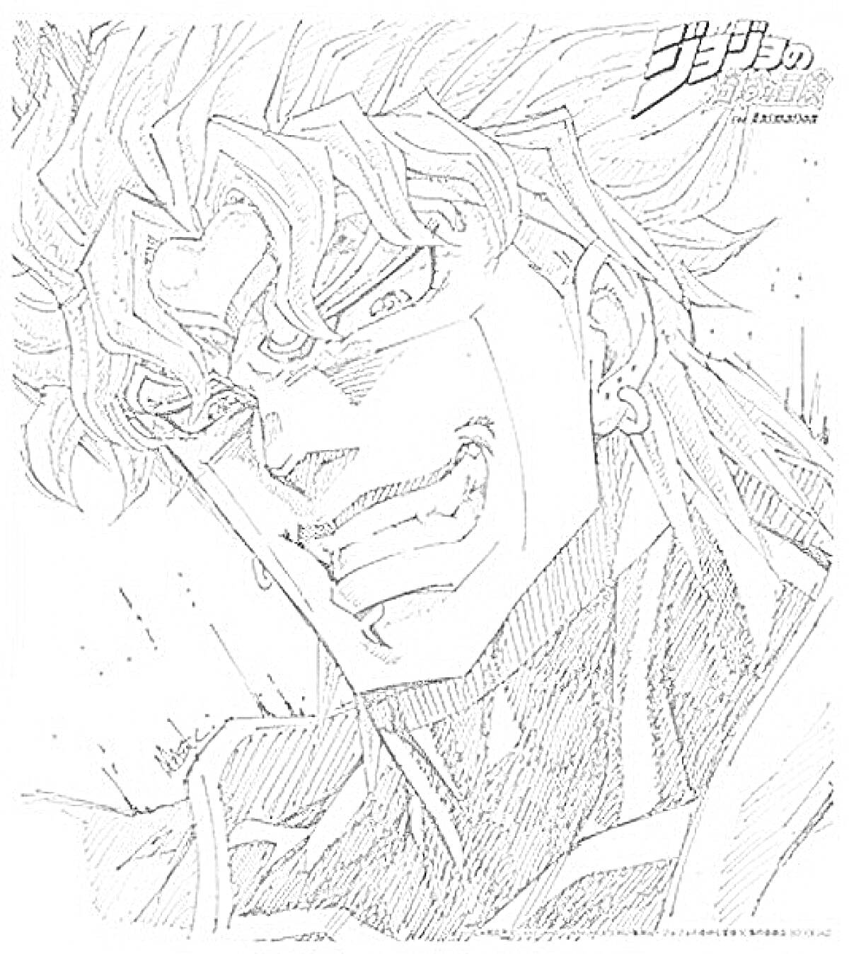 Раскраска Портрет мужчины с длинными волнистыми волосами и серьгами, с серьезным выражением лица, с логотипом аниме в верхнем правом углу