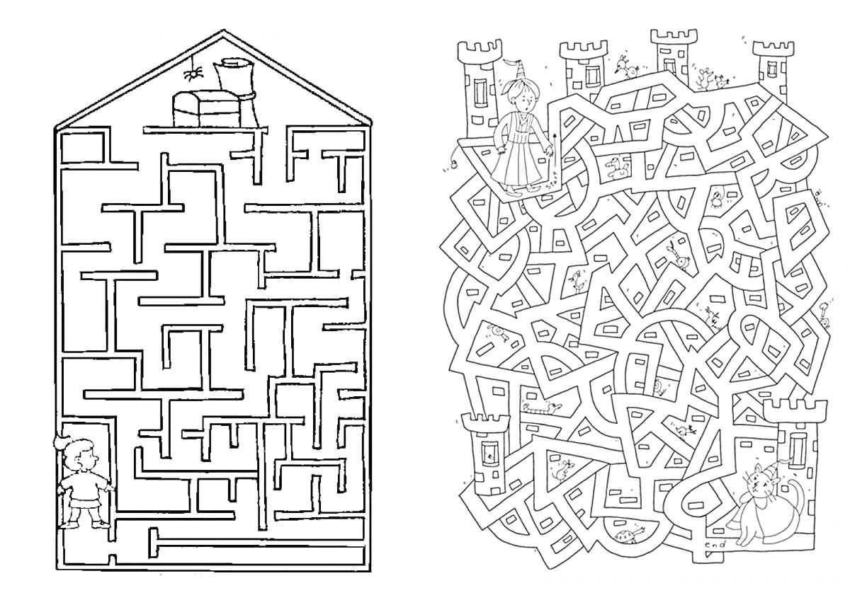 На раскраске изображено: Лабиринт, Дом, Кухонная техника, Замок, Башни, Комнаты