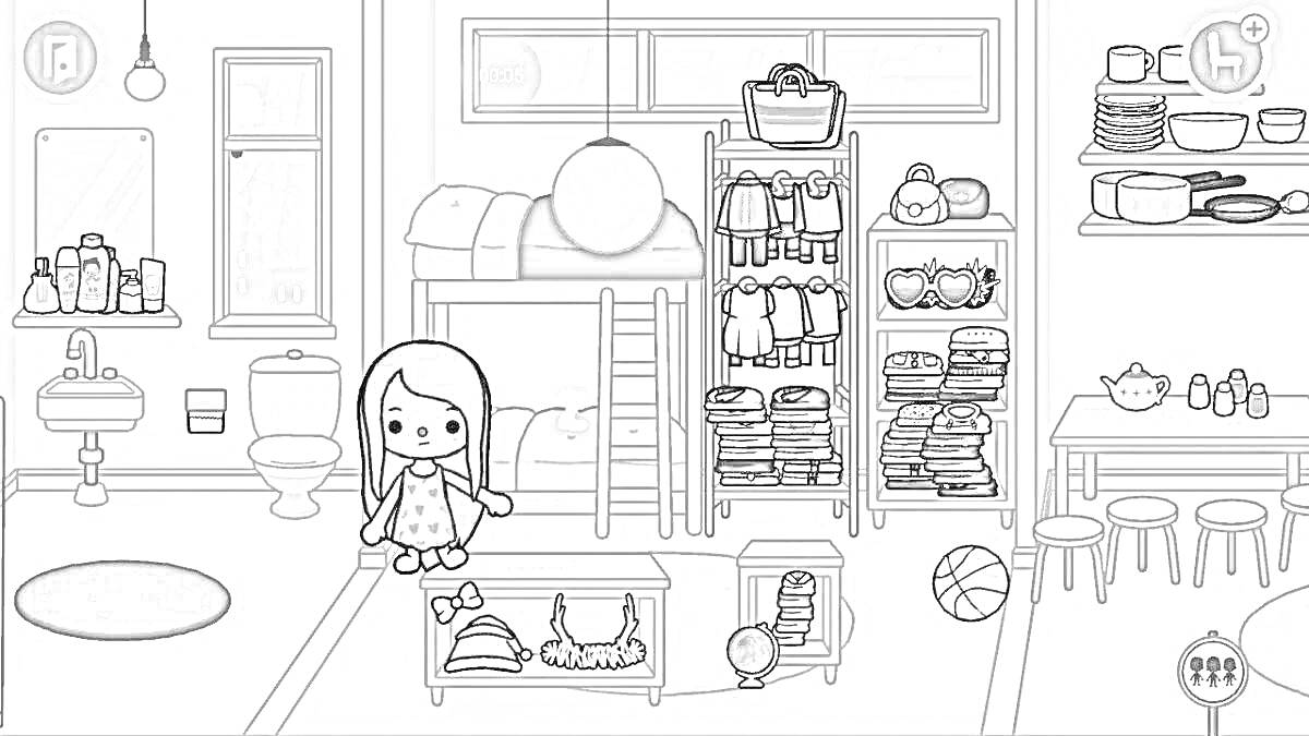 На раскраске изображено: Двухъярусная кровать, Книжный шкаф, Умывальник, Туалет, Стол, Посуда, Игрушки