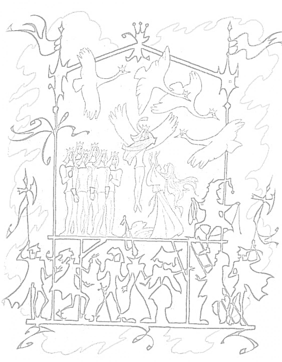 Раскраска Дикие лебеди, группа танцующих людей, пять стоящих мужчин в коронах, женщина с крыльями лебедя, летящие лебеди на фоне