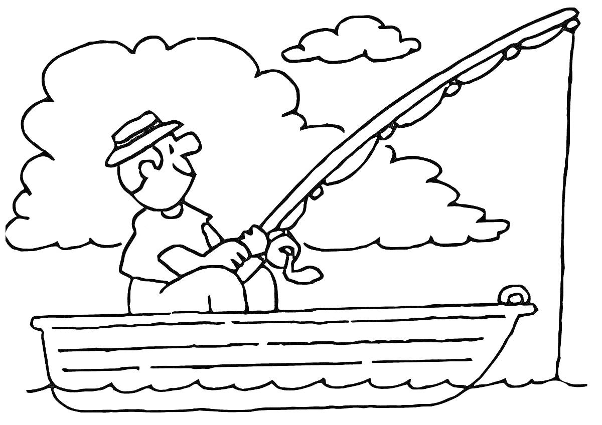 На раскраске изображено: Удочка, Рыбак, Рыбалка, Лодка, Вода, Шляпа, Облака, Природа