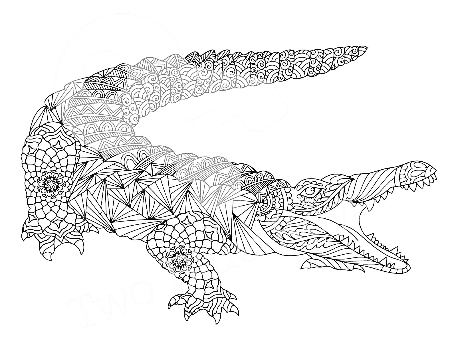 Раскраска Антистресс крокодил с узорами, головой с открытой пастью, лапами и хвостом