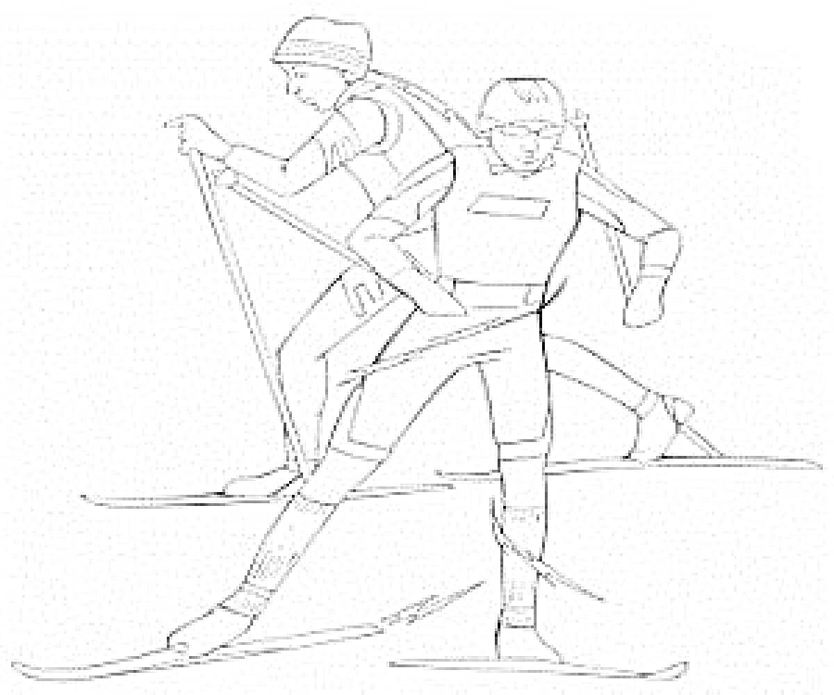 На раскраске изображено: Зимние виды спорта, Лыжи, Спорт, Зима, Снег, Соревнования, Активный отдых