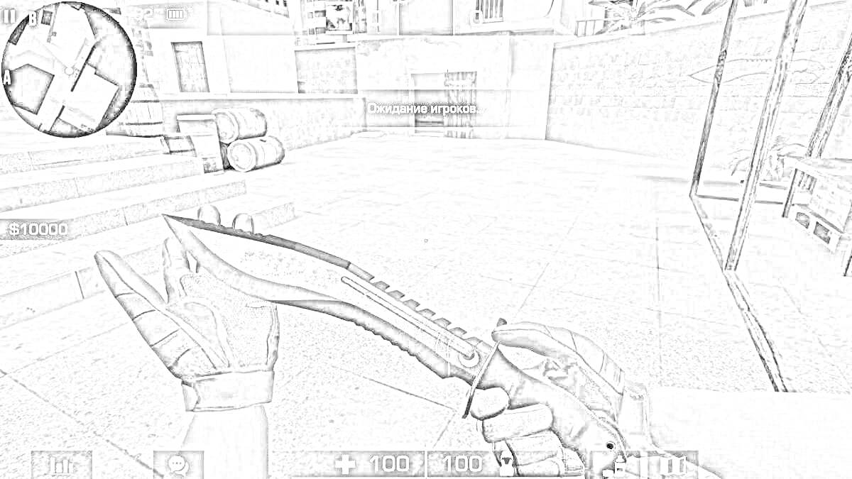 Раскраска Нож кукри из Standoff 2, персонаж держит кукри в руке, интерфейс игры с индикаторами здоровья и брони.