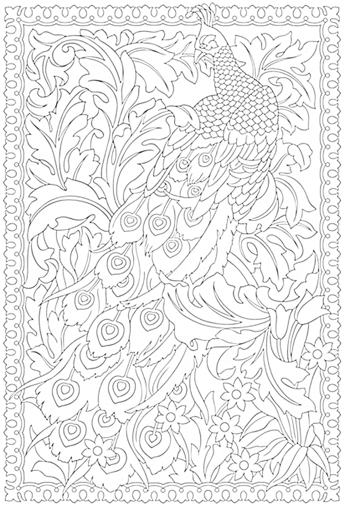Раскраска Павлиний узор с крупными листьями и цветами