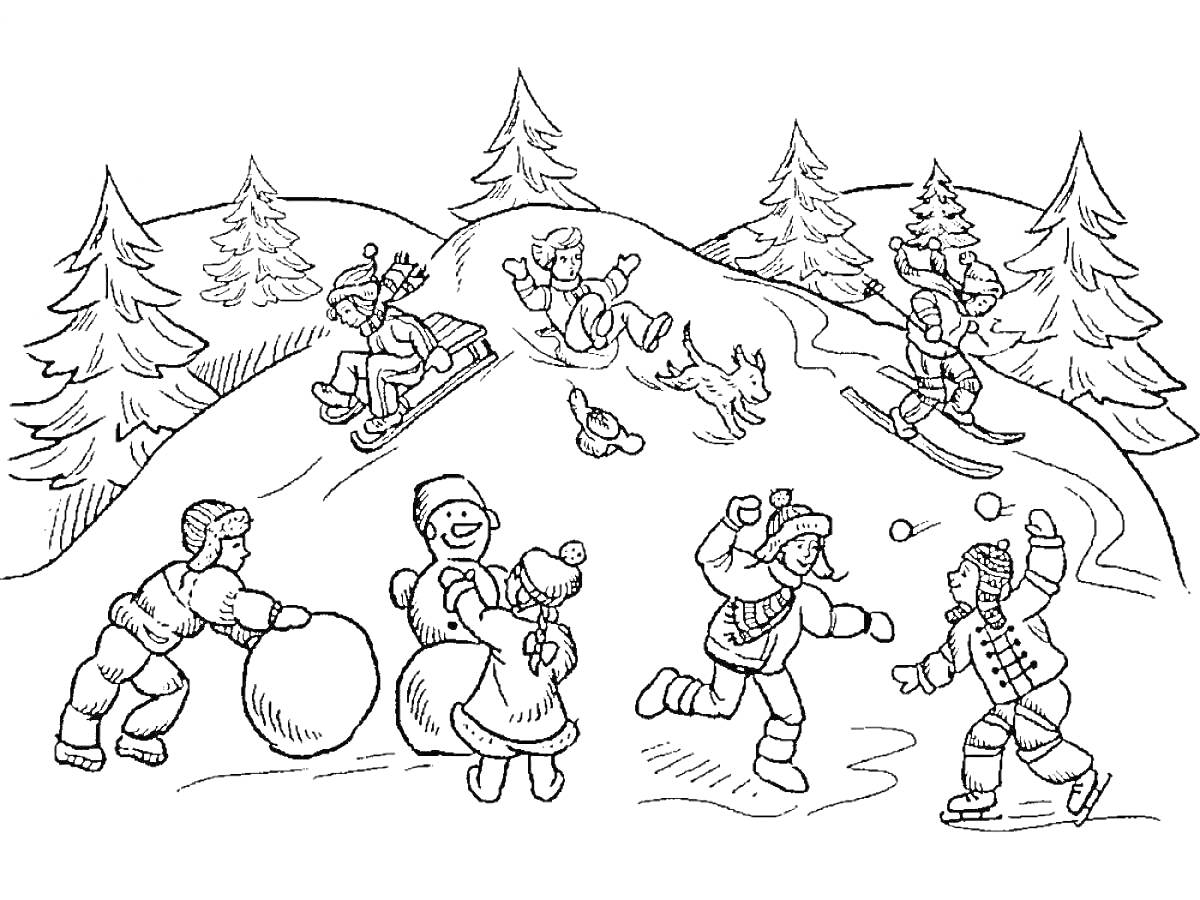 На раскраске изображено: Зима, Игра, Лыжи, Снежки, Елки, Веселье, Снег, Для детей, Сани, Снеговики
