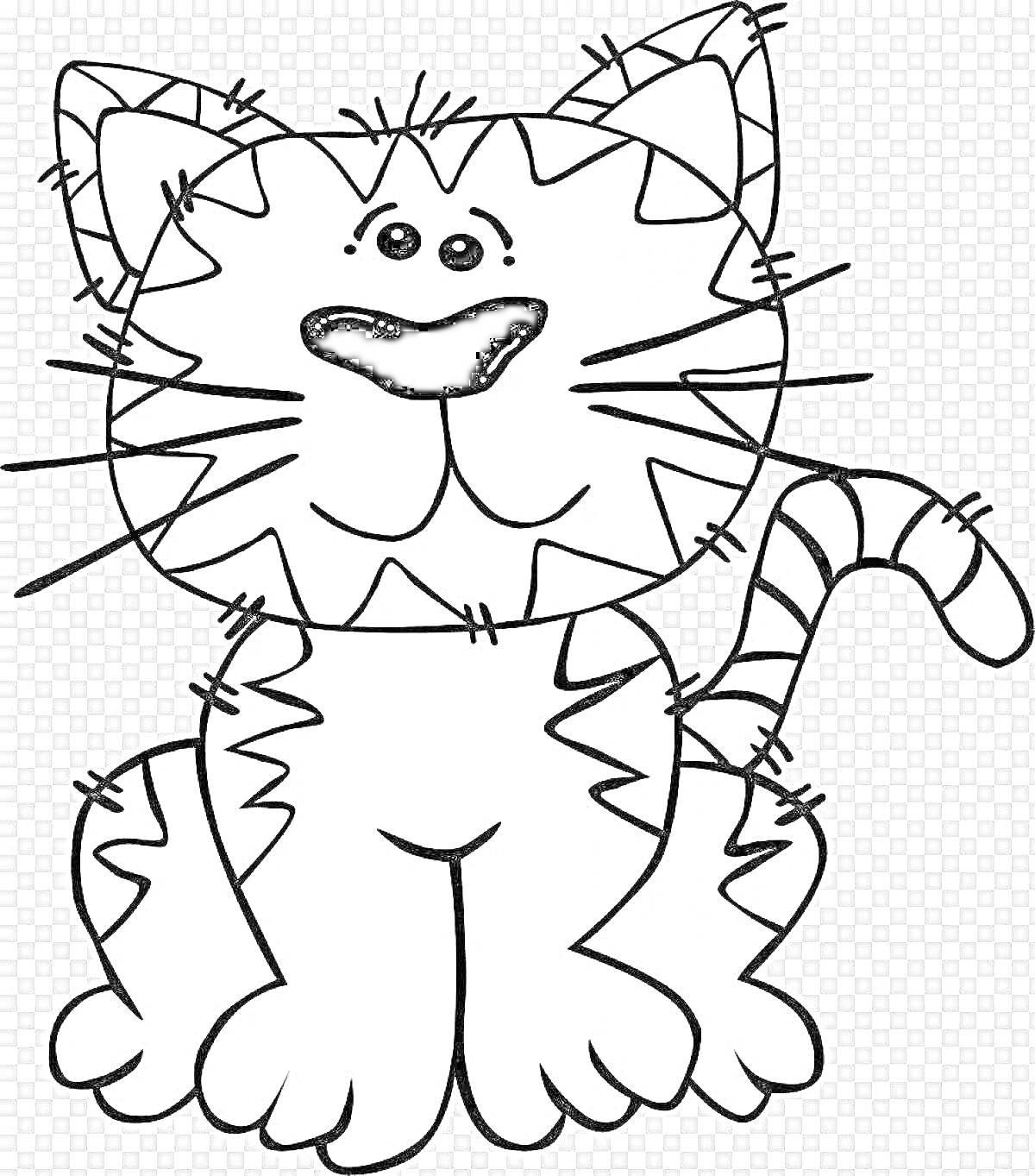 Раскраска Смешной полосатый котик с пятнами и усами
