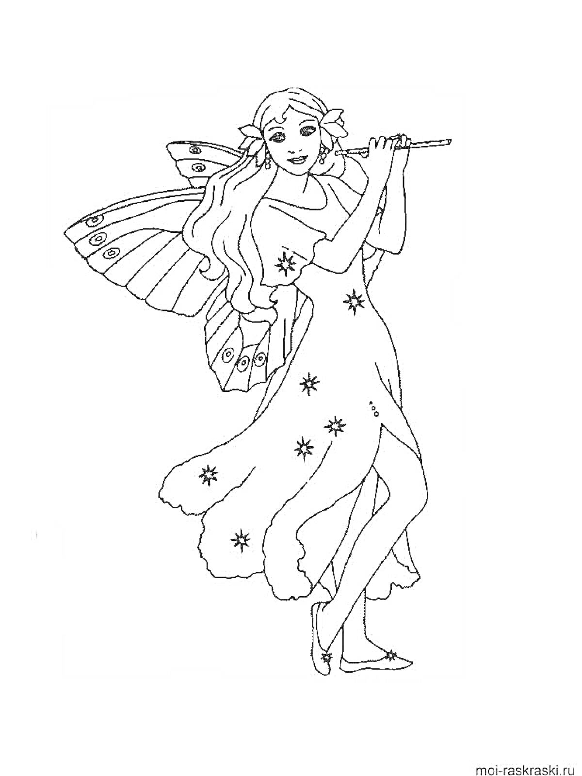 На раскраске изображено: Фея, Крылья, Флейта, Звезды, Волшебство, Длинные платья