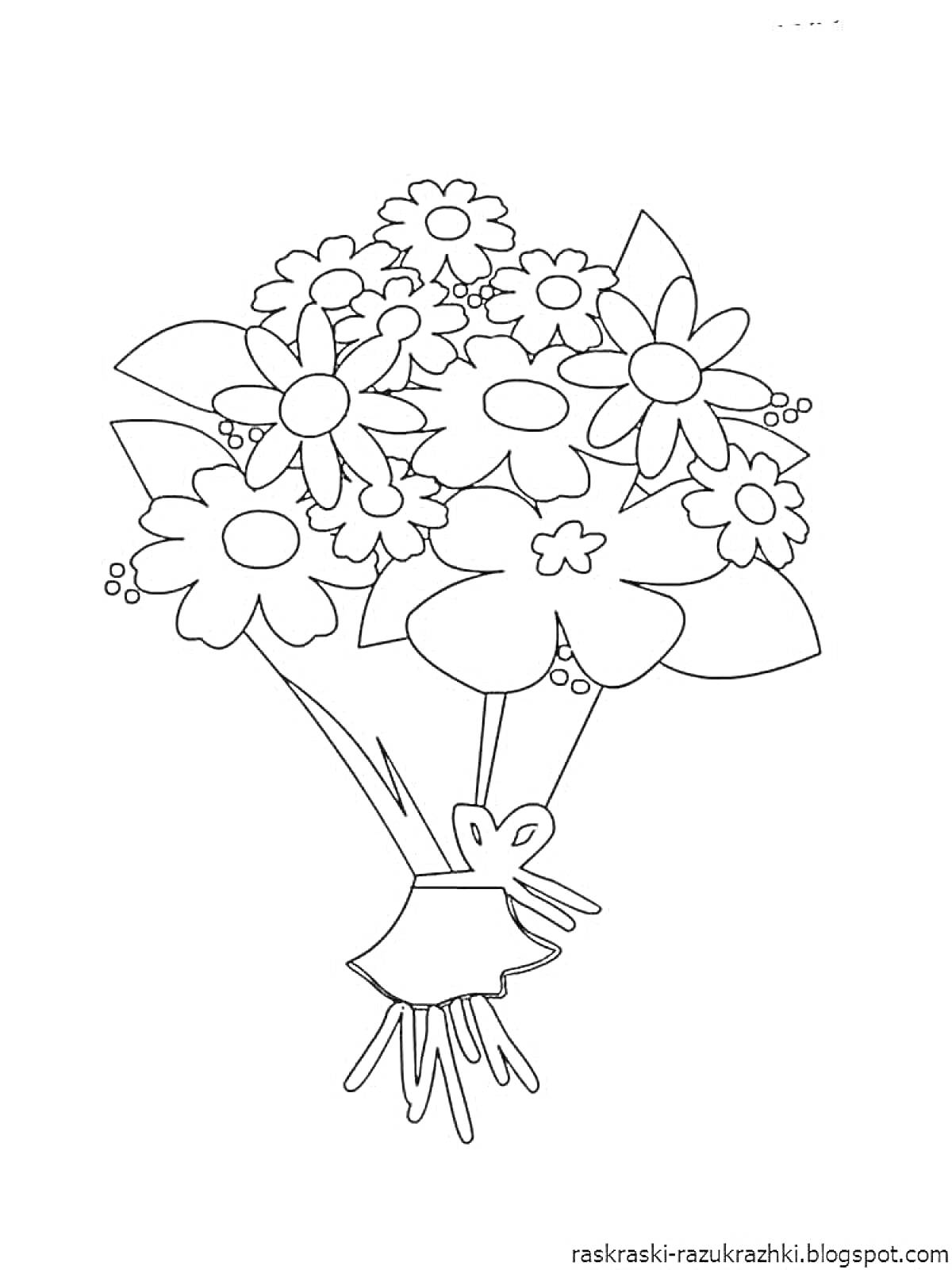 Раскраска Букет с большими и маленькими цветами, перевязанный лентой