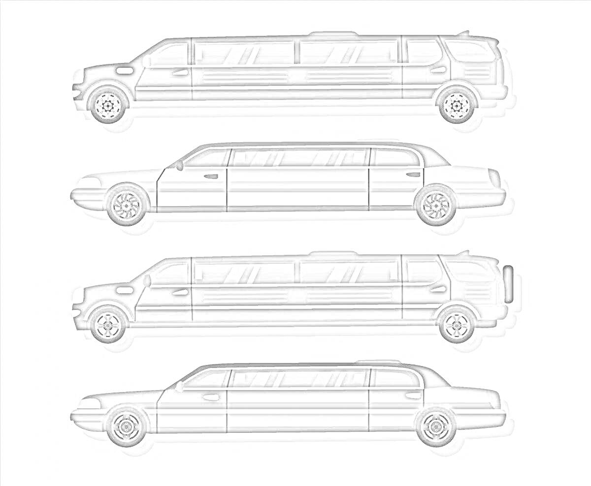 Раскраска Разноцветные лимузины на голубом фоне (черный лимузин, оранжевый лимузин, зеленый лимузин, серо-черный лимузин)