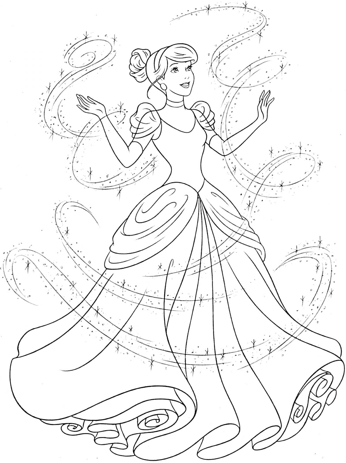 Раскраска Преображенная Золушка в бальной платье с магическими искорками