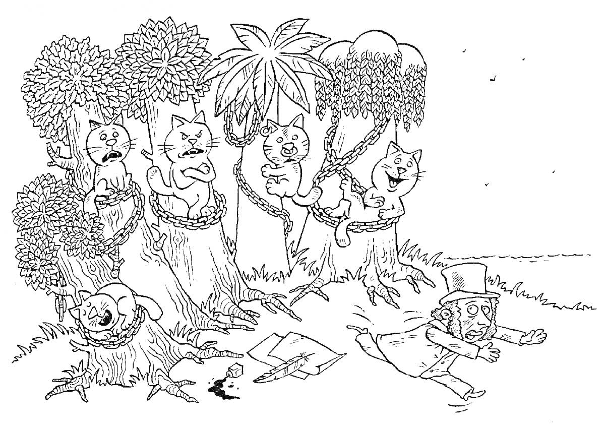 На раскраске изображено: Дуб, Деревья, Человек, Шляпа, Бумага, Чернила, Цепь, Кот