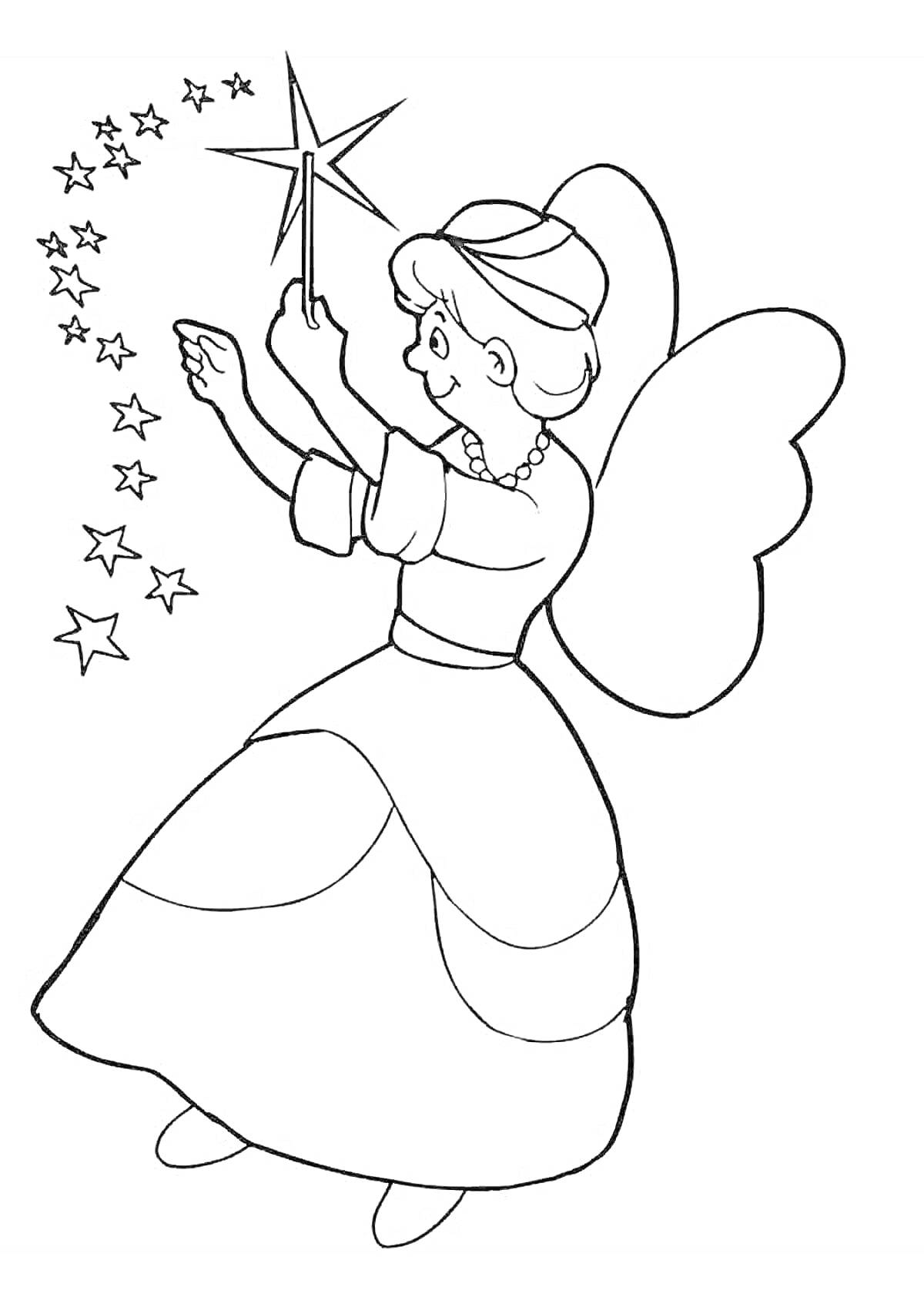 На раскраске изображено: Палочка, Звезды, Крылья, Платье, Магия