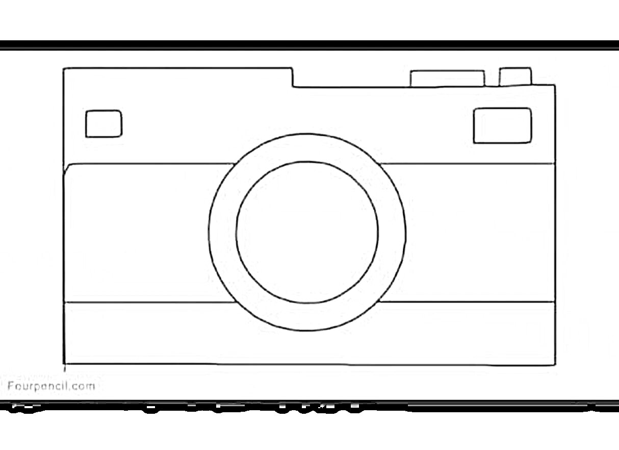 На раскраске изображено: Фотоаппарат, Камера, Объектив, Видоискатель, Кнопки, Для детей, Техника
