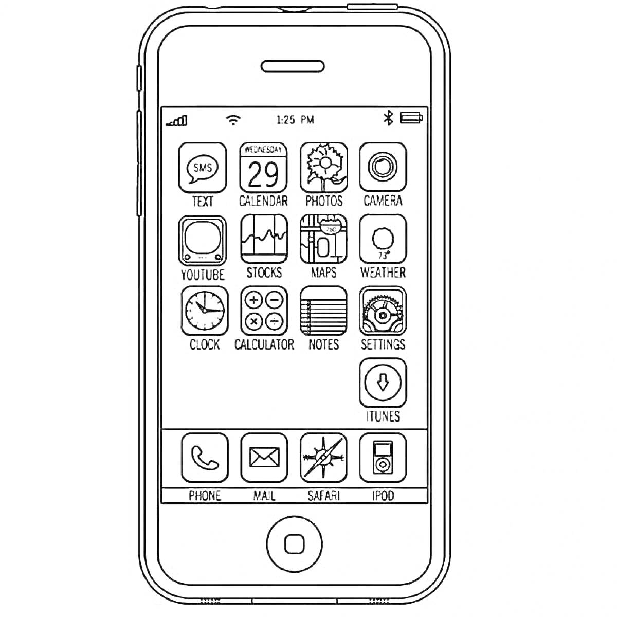 Раскраска Айфон 14 с иконками приложений, отображением времени и уровня заряда батареи