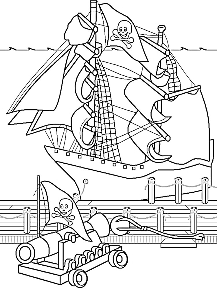 Раскраска Пиратский корабль с пушкой на пирсе