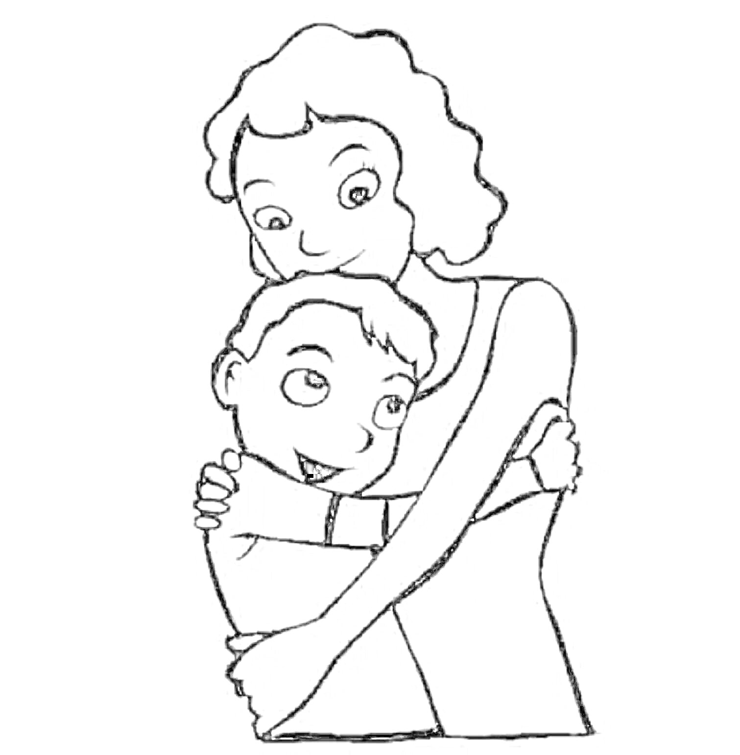 На раскраске изображено: Мама, Мальчик, Объятия, Любовь, Семья, Счастье
