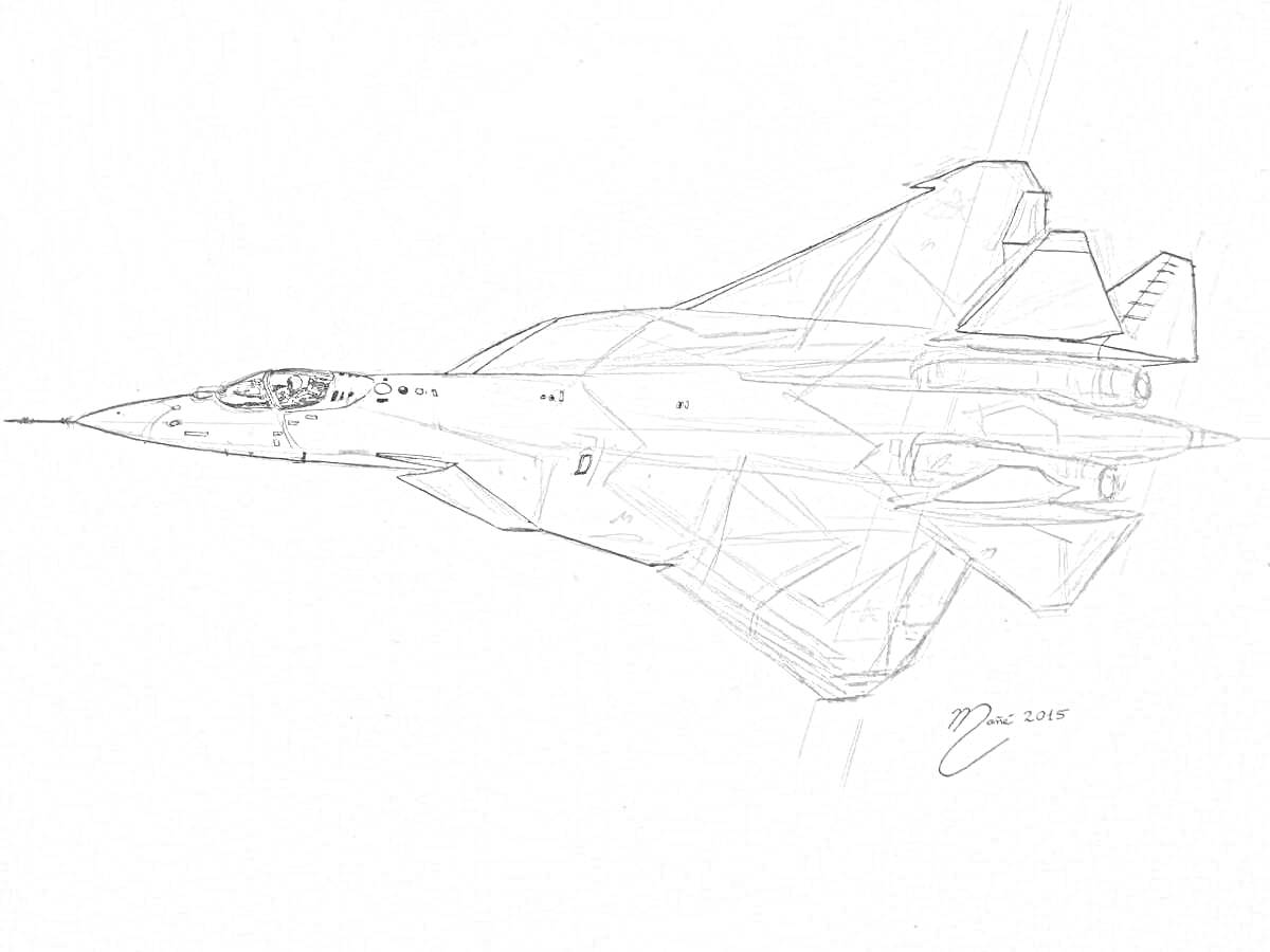 Раскраска Рисунок реактивного истребителя Су-57 с детализированной прорисовкой элементов корпуса, кабины и крыла