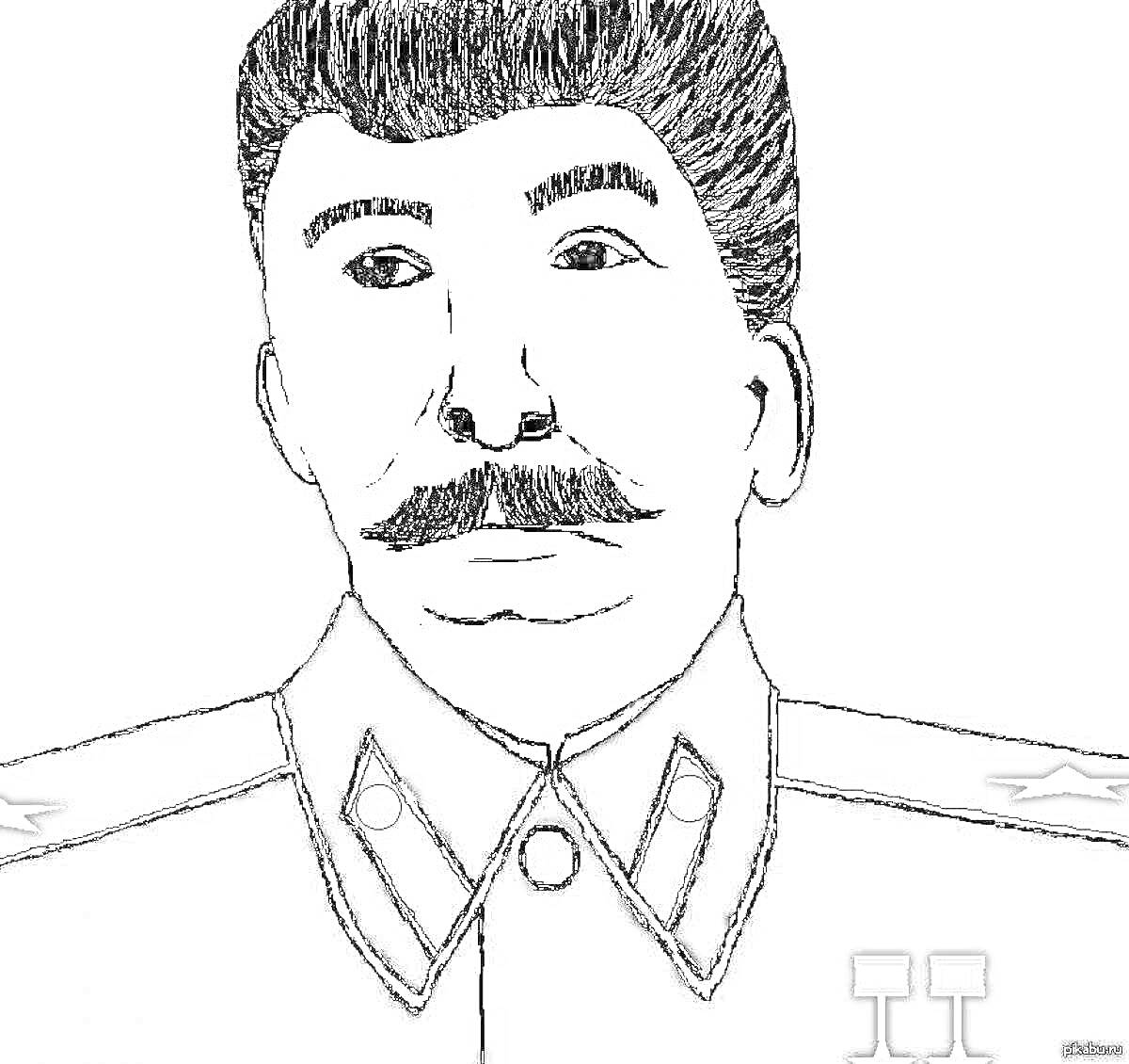 Раскраска Портрет мужчины с усами в военной форме советского офицера, сталинская фуражка, две звезды на плечах, две медали на груди