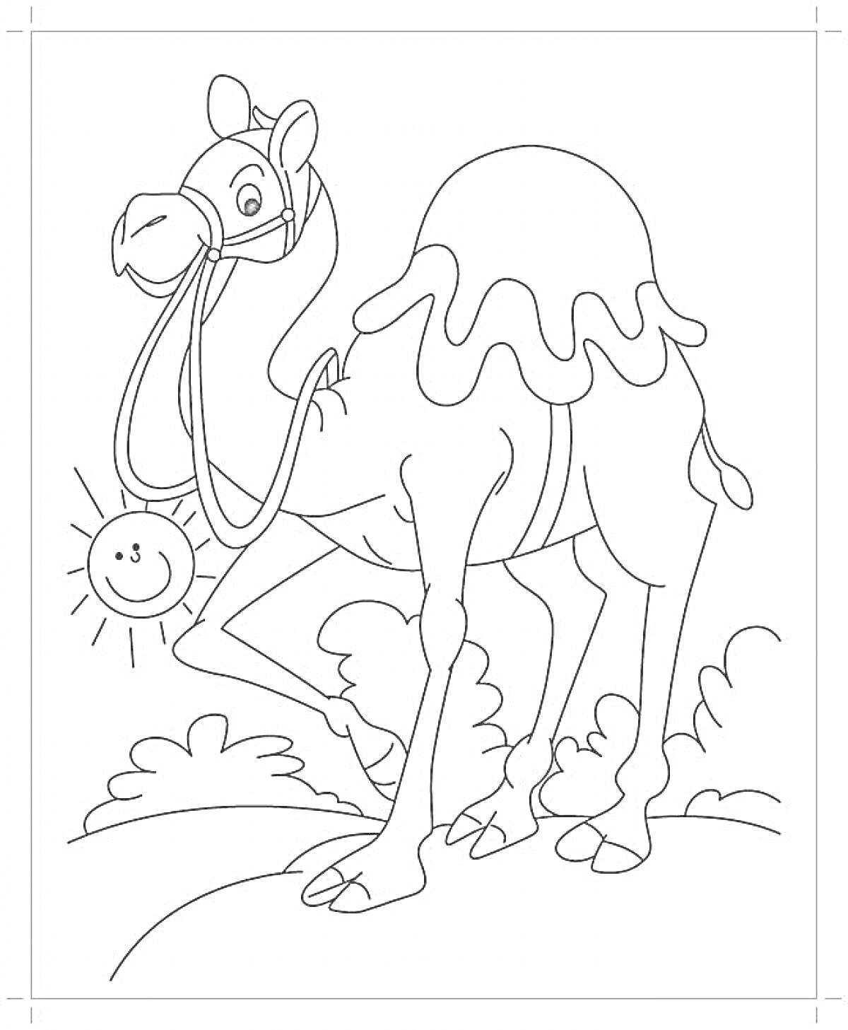 На раскраске изображено: Верблюд, Уздечка, Солнце, Растения, Природа, Для детей