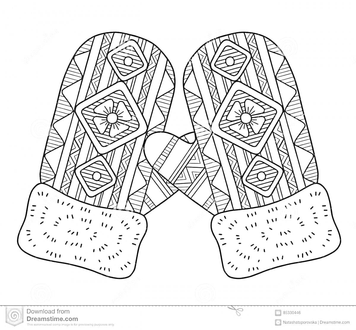 Раскраска Раскраска: пара варежек с геометрическими и цветочными узорами