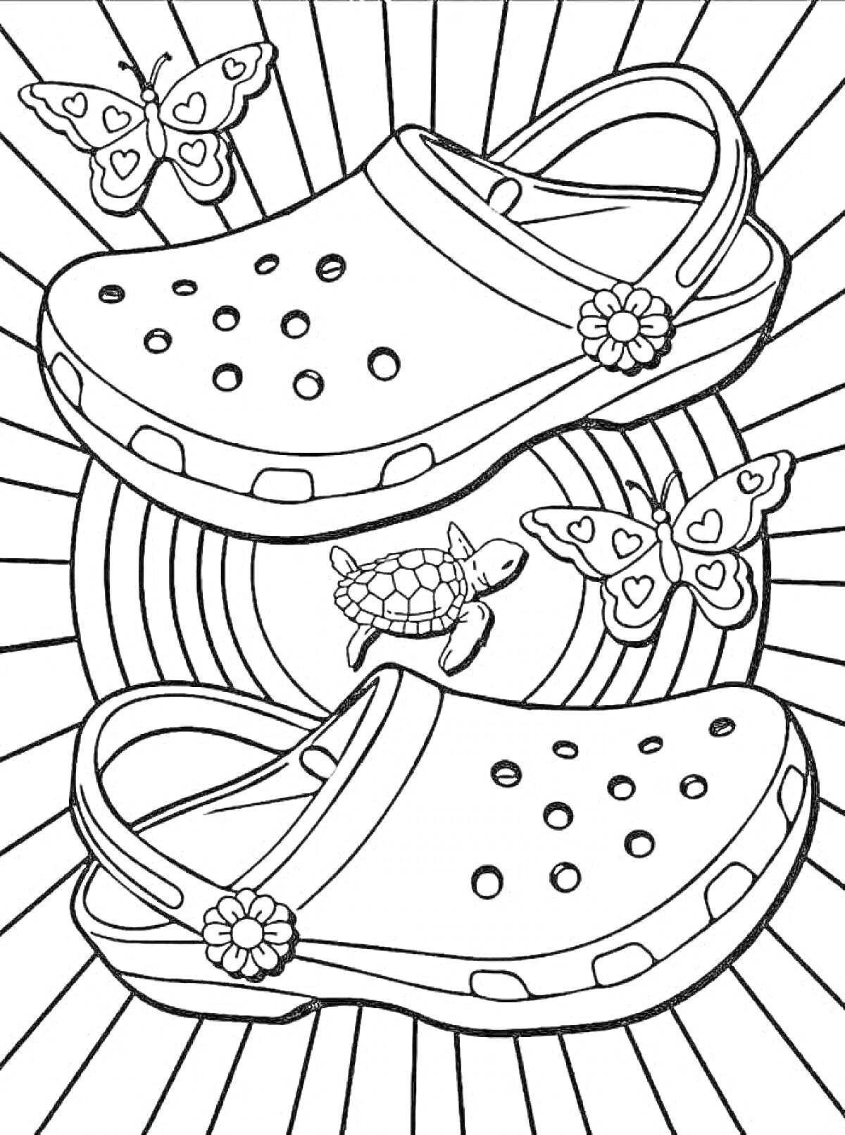 Раскраска шлёпанцы на фоне бабочек и черепахи