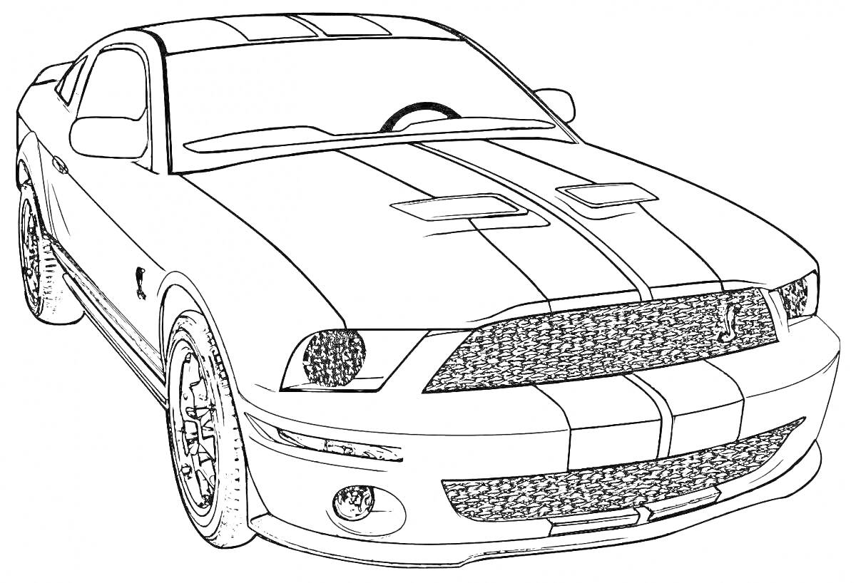 Раскраска Спортивный автомобиль с полосами, двумя воздухозаборниками на капоте и решетчатой радиаторной решеткой