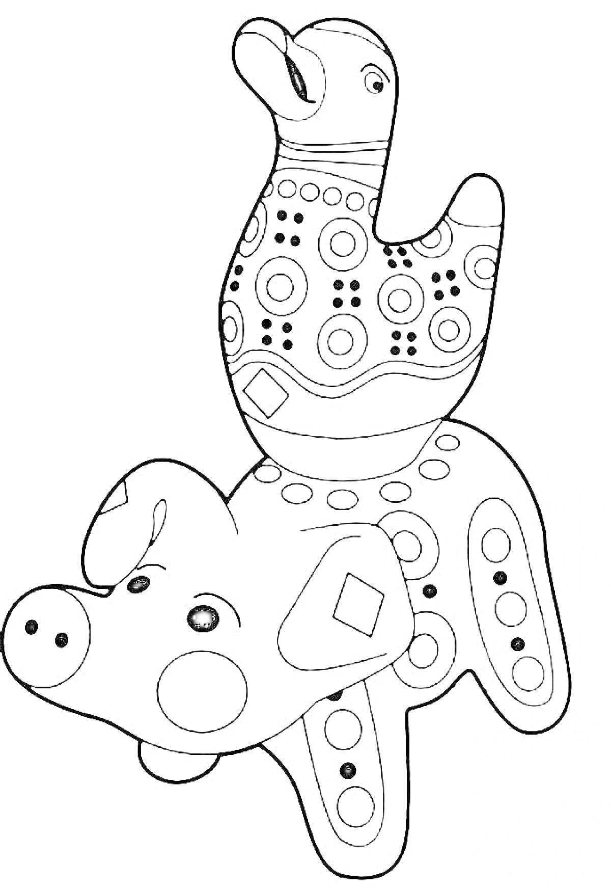 Раскраска Дымковская игрушка - утка на спине свиньи с узорами из кругов, ромбов и линий